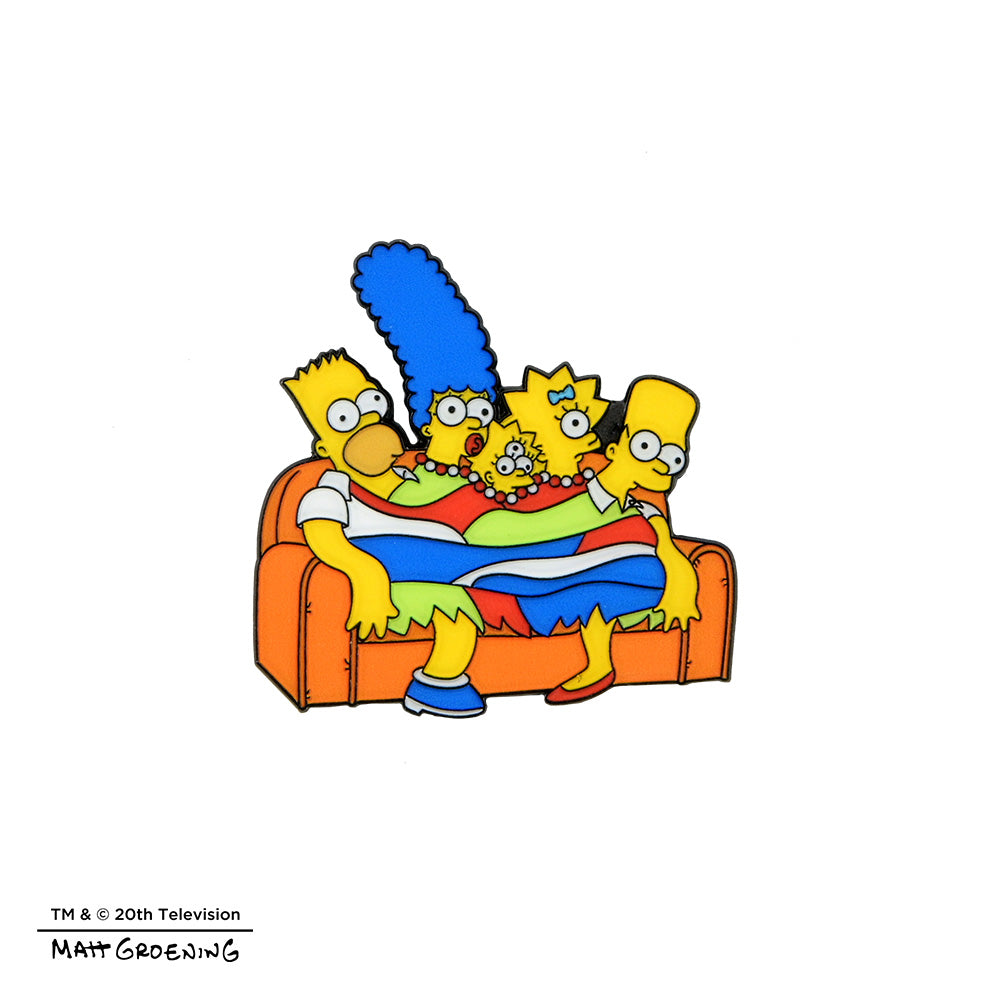 The Simpsons Couch Gag enamel pin series featuring colorful cartoon characters from the show's iconic opening sequence.