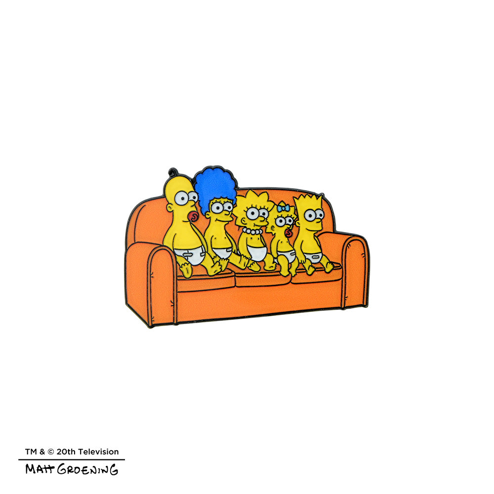 The Simpsons Couch Gag enamel pin from the series, featuring a colorful design inspired by the iconic TV show, on a white background.