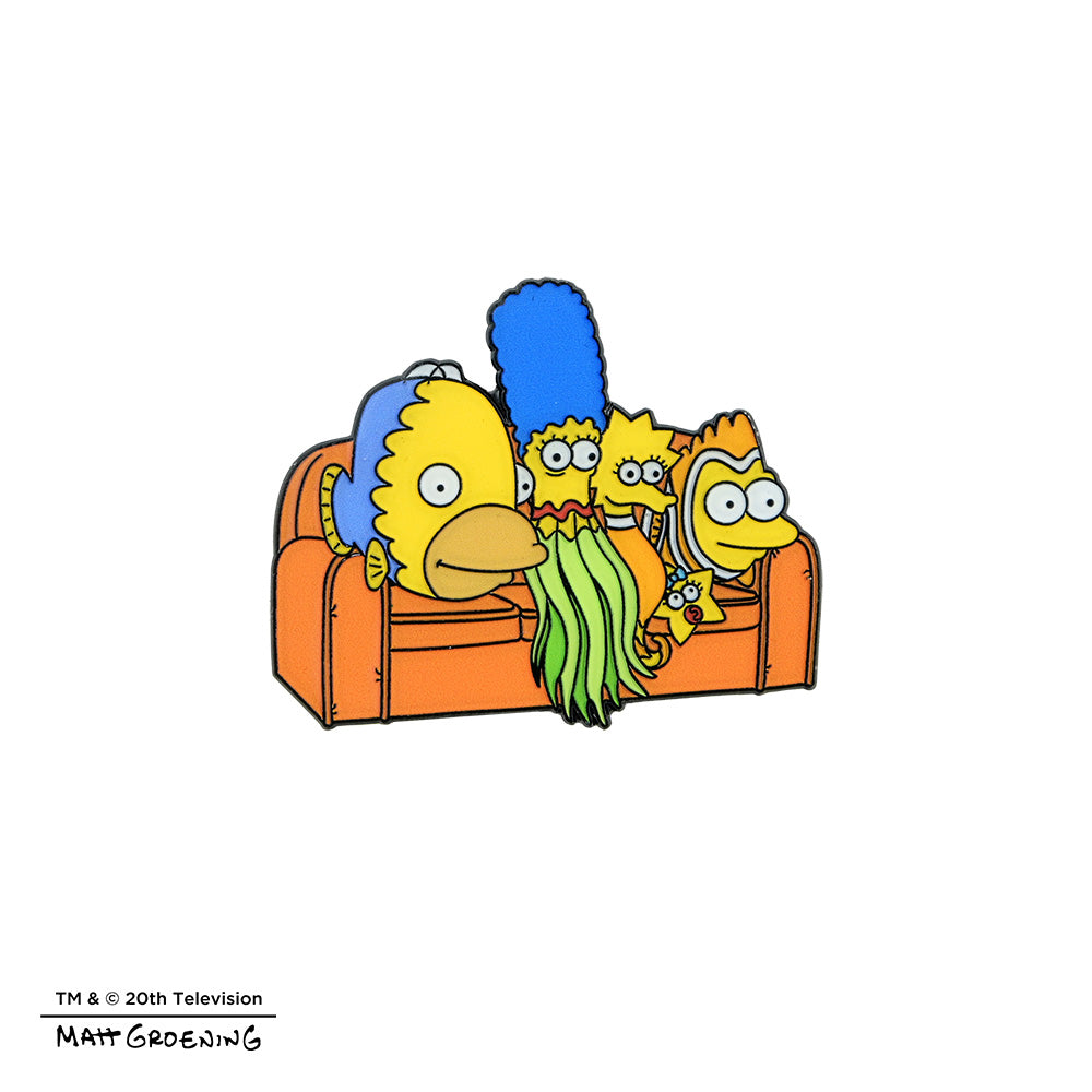 The Simpsons Couch Gag enamel pin series featuring colorful cartoon characters from the popular animated TV show.
