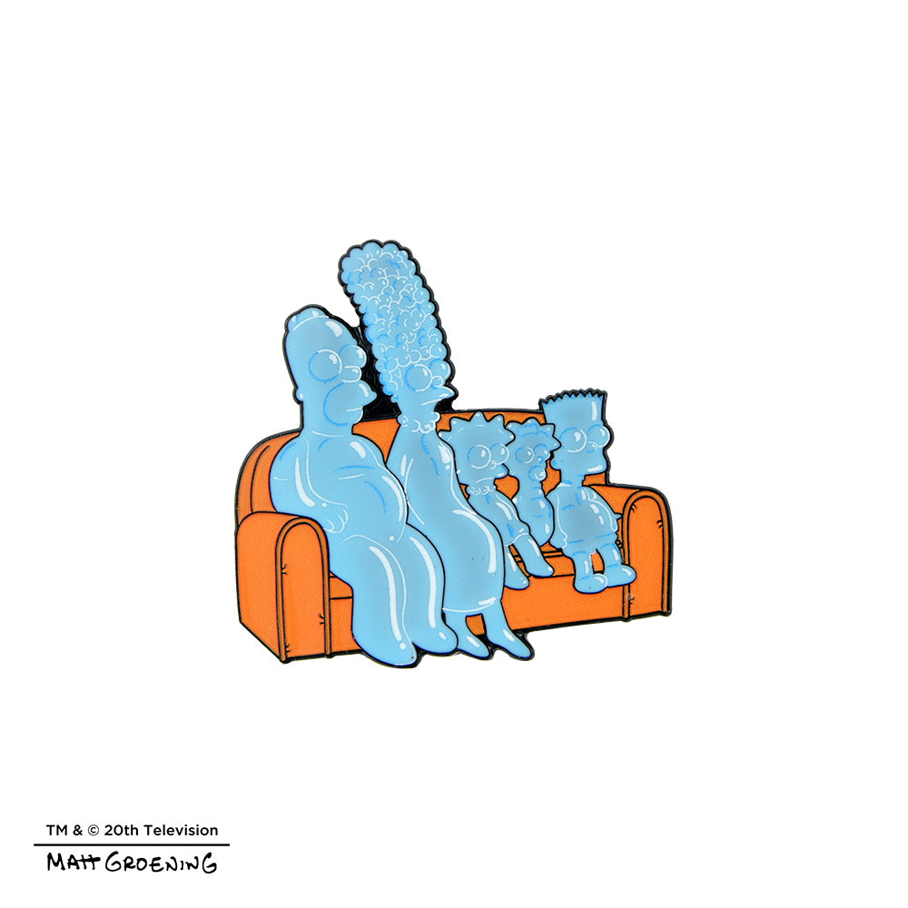 The Simpsons Couch Gag enamel pin series featuring collectible cartoon characters on a colorful background.
