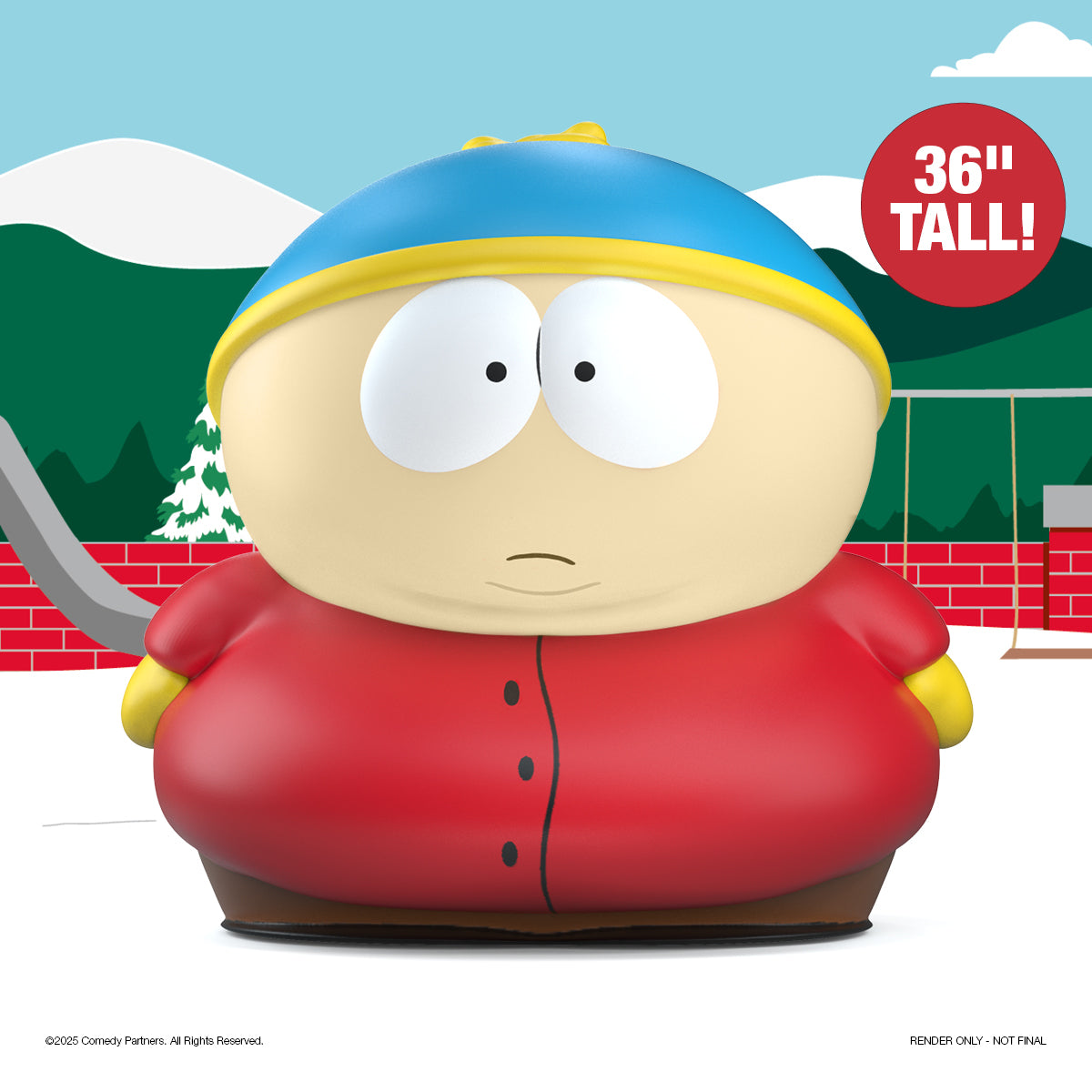 Animated Cartman South Park Art Giant! Character in a red coat and blue helmet with a '36" Tall!' label against a playground background. Shop South Park Pop Culture decor.
