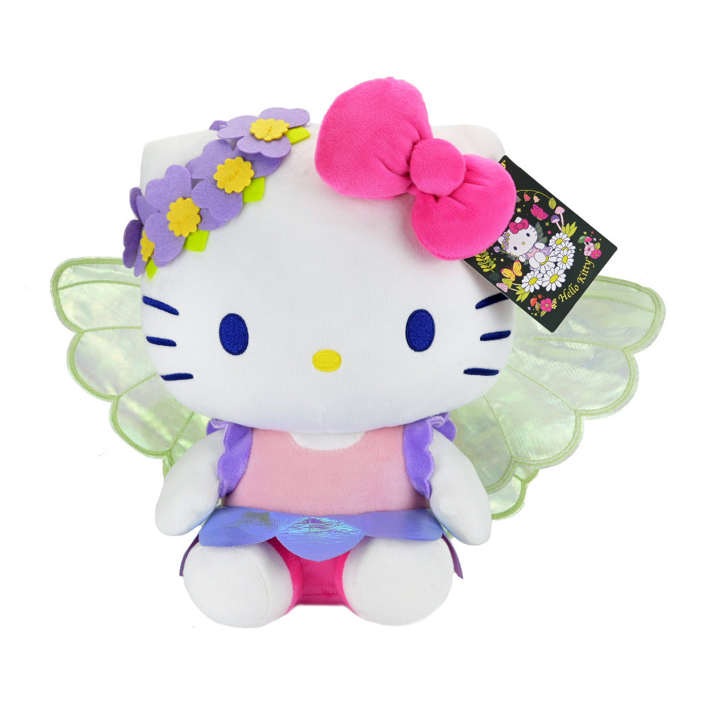 Sanrio Hello Kitty Forest Fairy large plush toy with pink wings and floral dress, soft and cuddly for children.