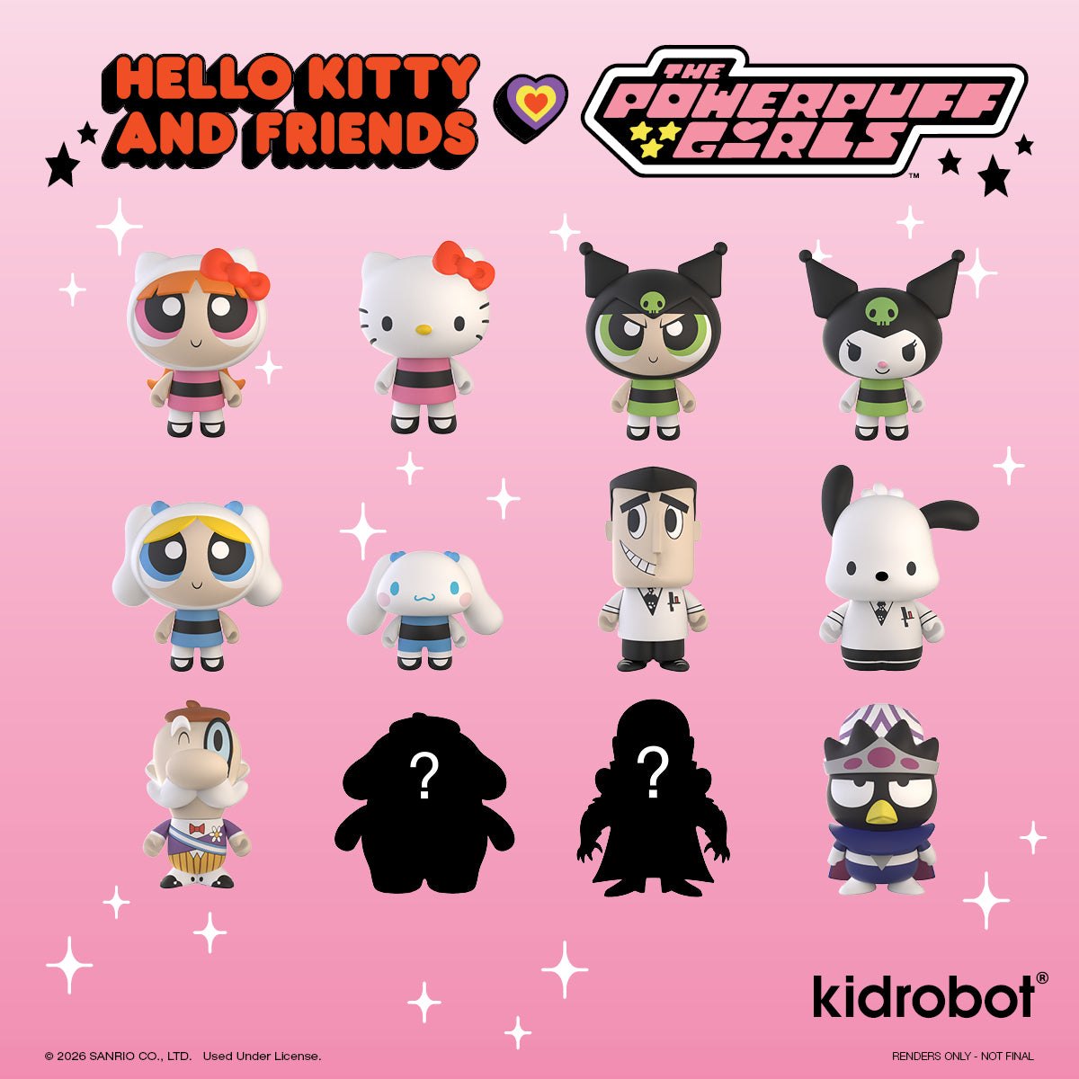 Hello Kitty and Powerpuff Girls vinyl mini figures from Sanrio and Cartoon Network blind box series, displayed in packaging.