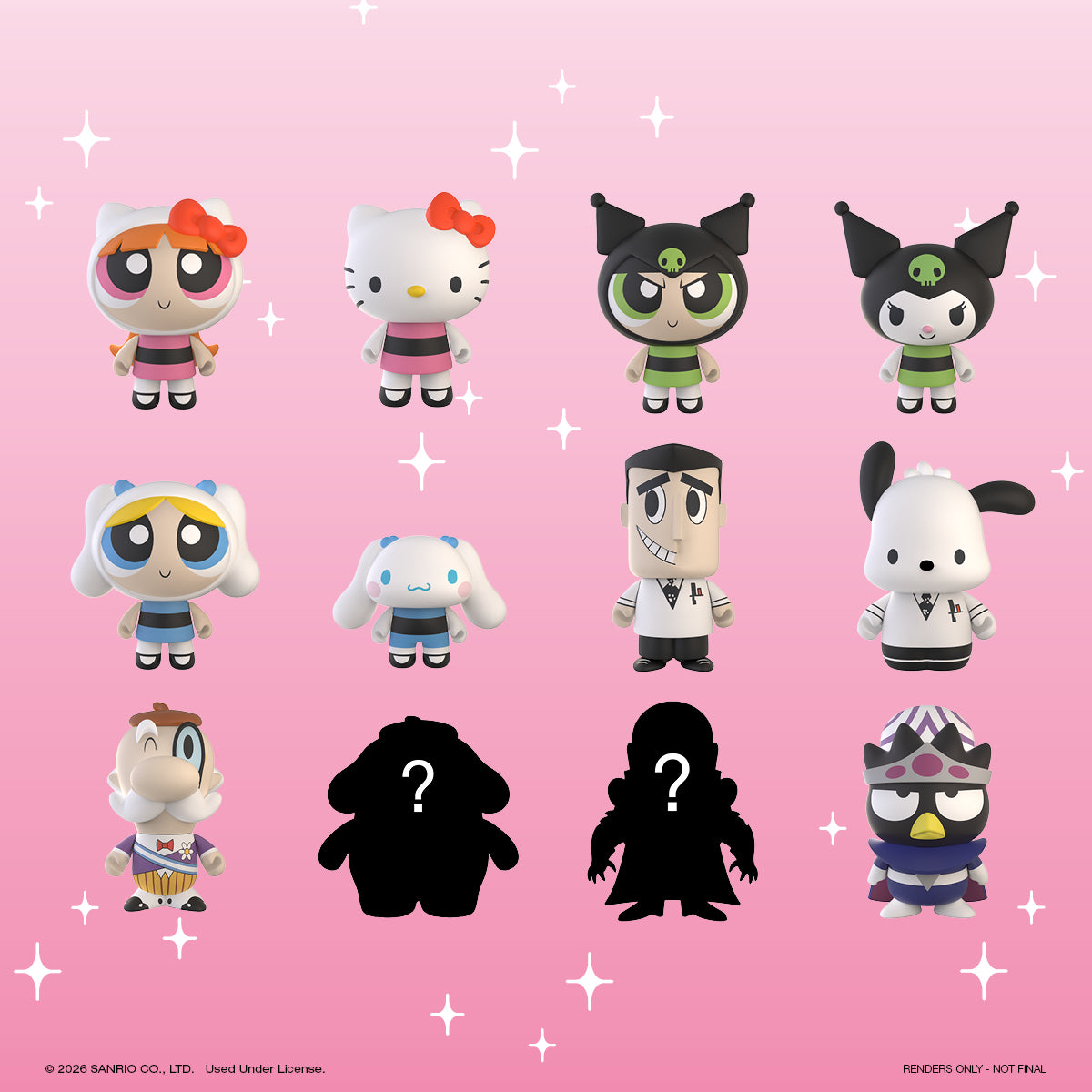 Hello Kitty and Powerpuff Girls blind box vinyl mini figure from Sanrio and Cartoon Network series, featuring colorful character designs.