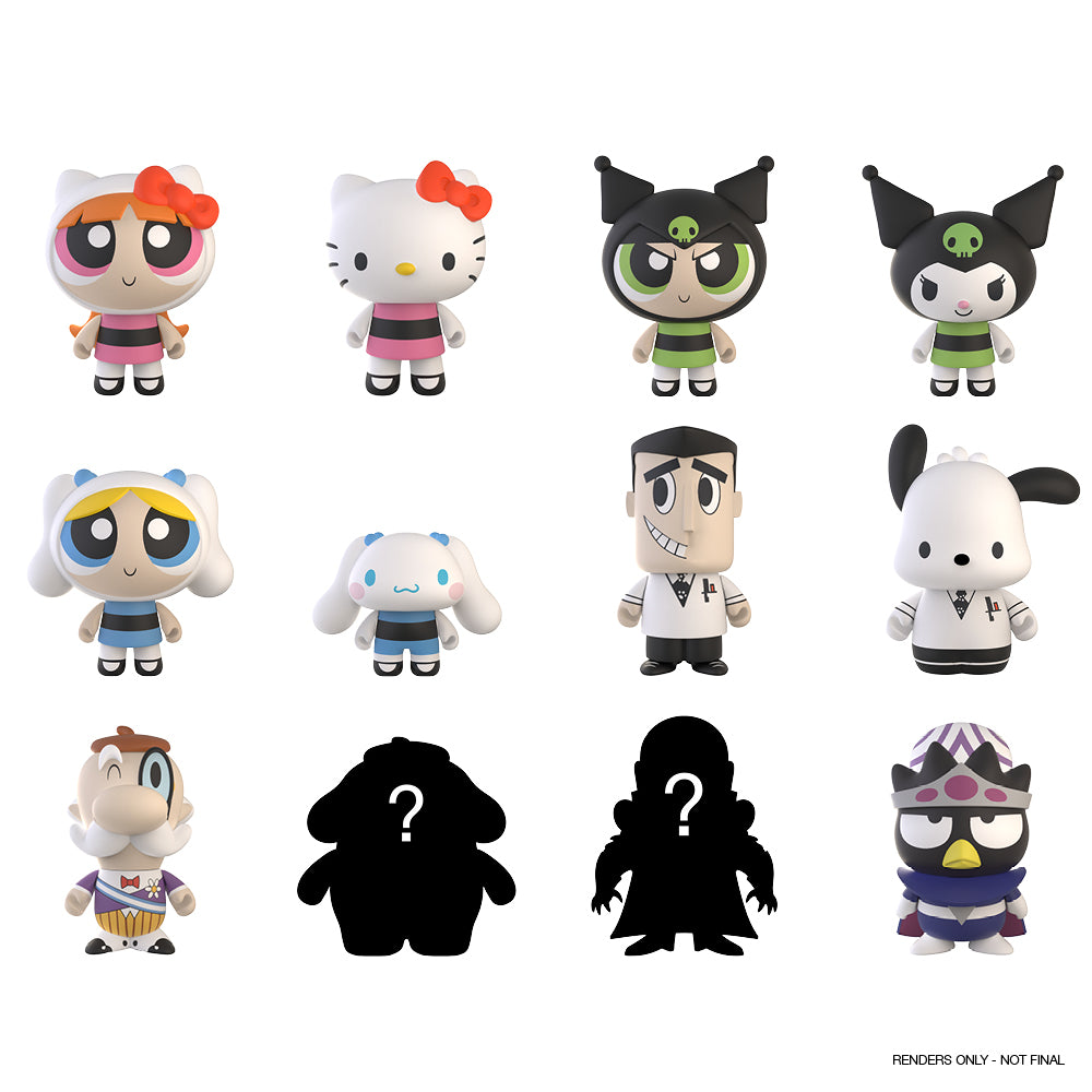 Group shot of Sanrio Hello Kitty and Powerpuff Girls blind box vinyl mini figures from the series, featuring colorful character designs.