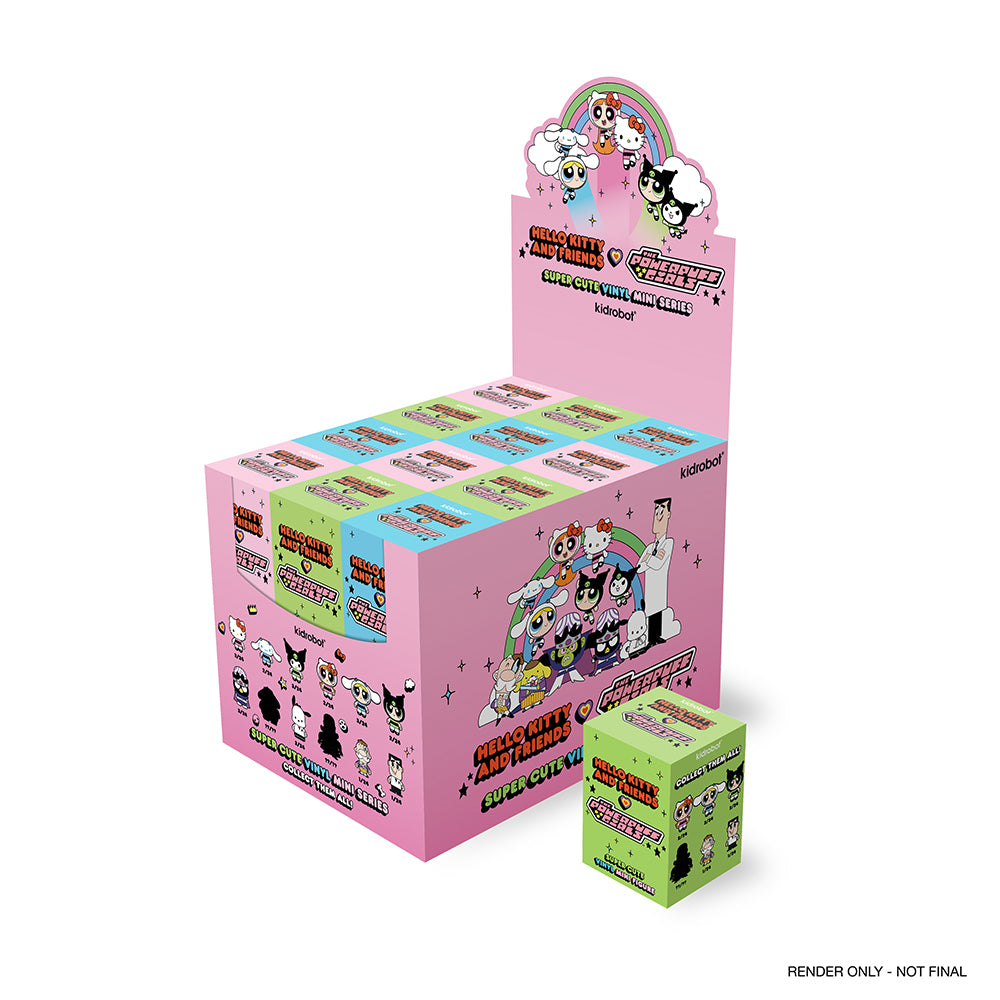 Hello Kitty and Powerpuff Girls blind box vinyl mini figures by Sanrio featuring colorful packaging and character designs.