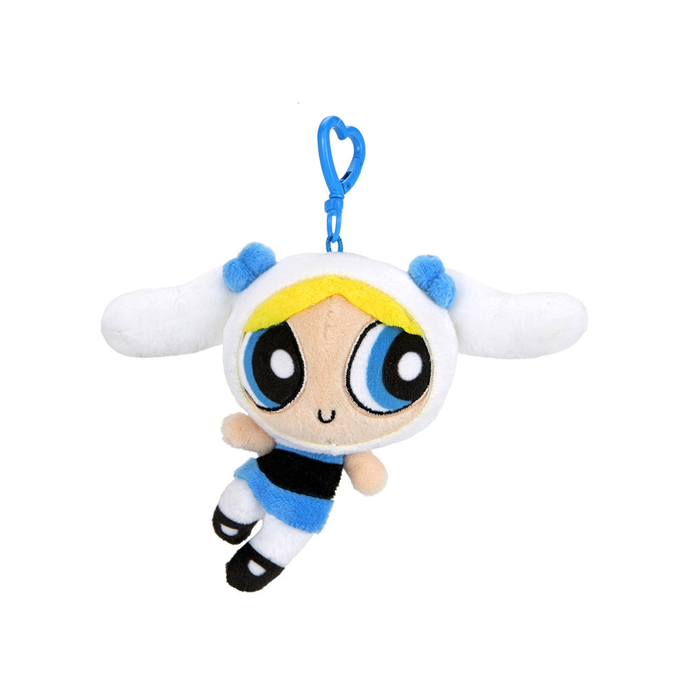 Sanrio Hello Kitty and Powerpuff Girls plush charm featuring Bubbles from the cartoon, displayed as a soft, colorful collectible toy.