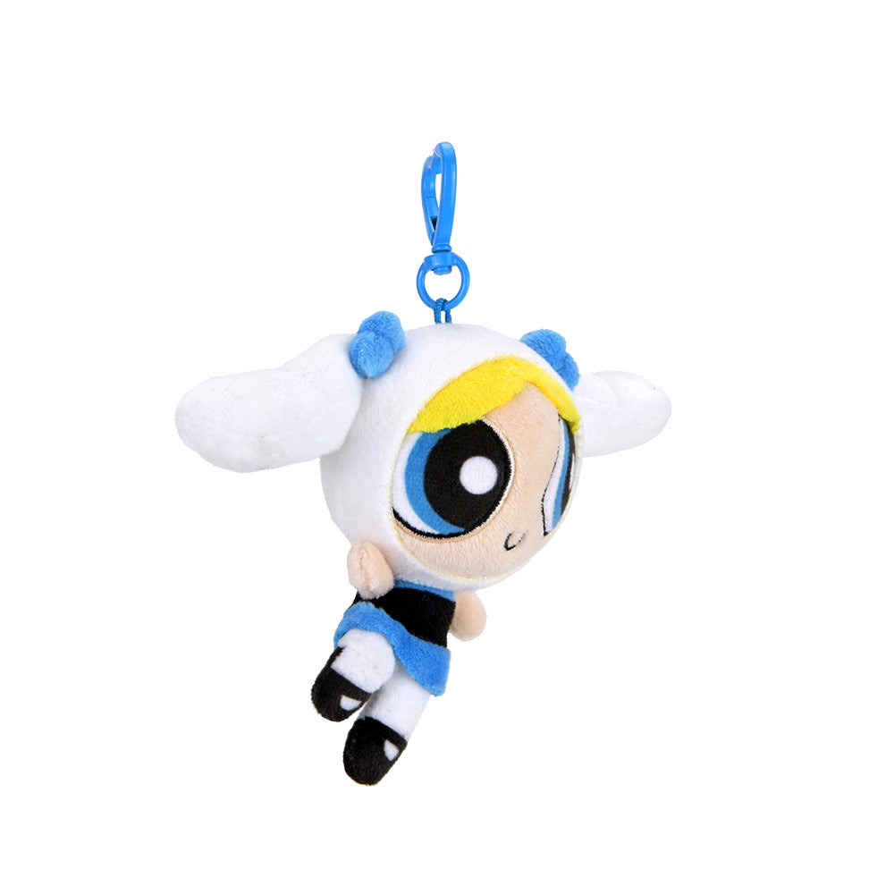 Sanrio Hello Kitty and Powerpuff Girls plush charm featuring Bubbles from the cartoon series, shown in a colorful blind box.