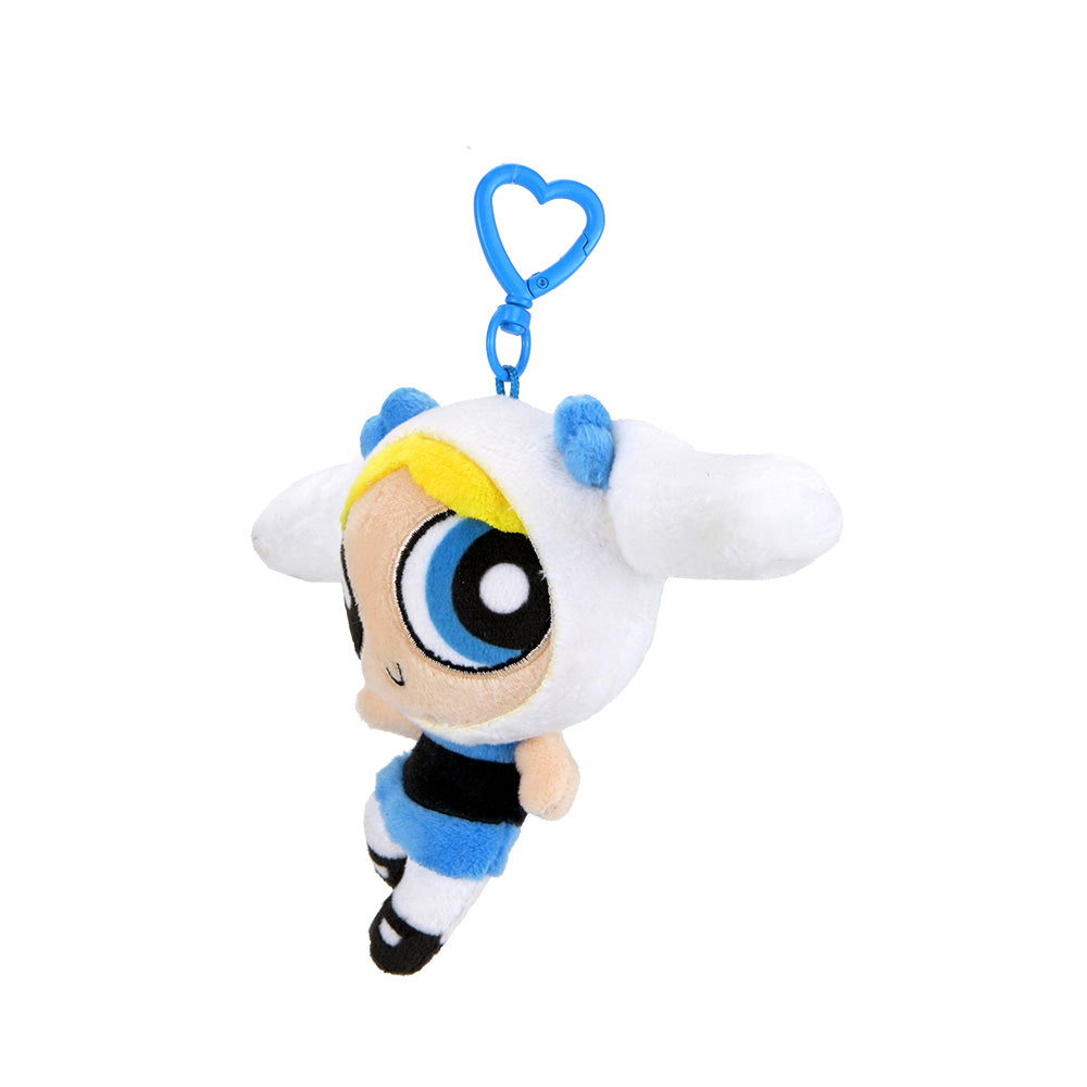 Sanrio Hello Kitty and Powerpuff Girls plush charm featuring Bubbles from the animated series, shown in a blind box packaging.
