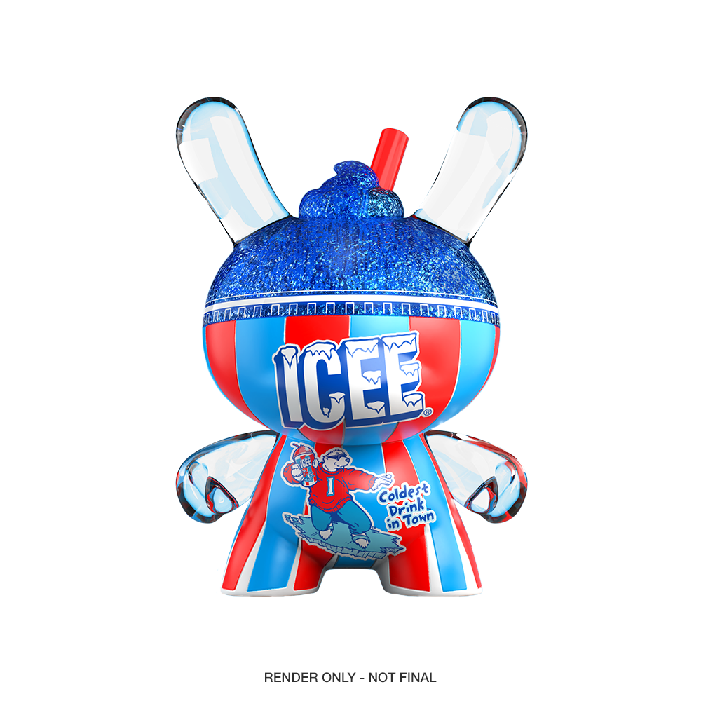 Blue Raspberry ICEE Dunny art figure by Kidrobot and ICEE, 3-inch resin collectible toy with vibrant blue design.