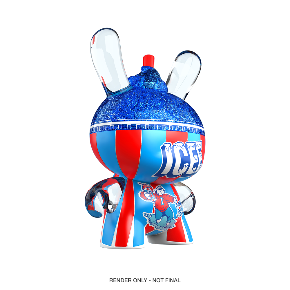 Blue Raspberry ICEE Kidrobot Dunny art figure, a 3-inch resin collectible with vibrant blue and red design, SDCC debut.