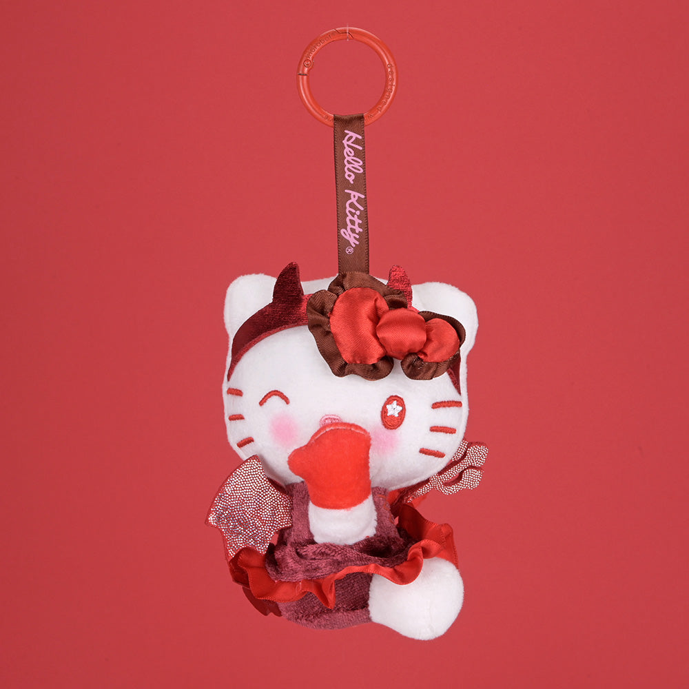 Sanrio Hello Kitty devil plush charm, cute and collectible SDCC debut plush accessory featuring Hello Kitty in a devil costume.