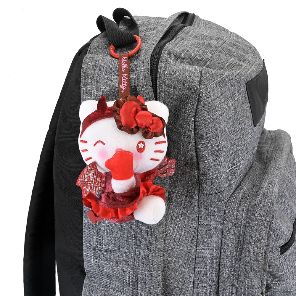 Sanrio Hello Kitty devil plush charm, cute SDCC debut plush accessory with adorable devil horns and bow detail.