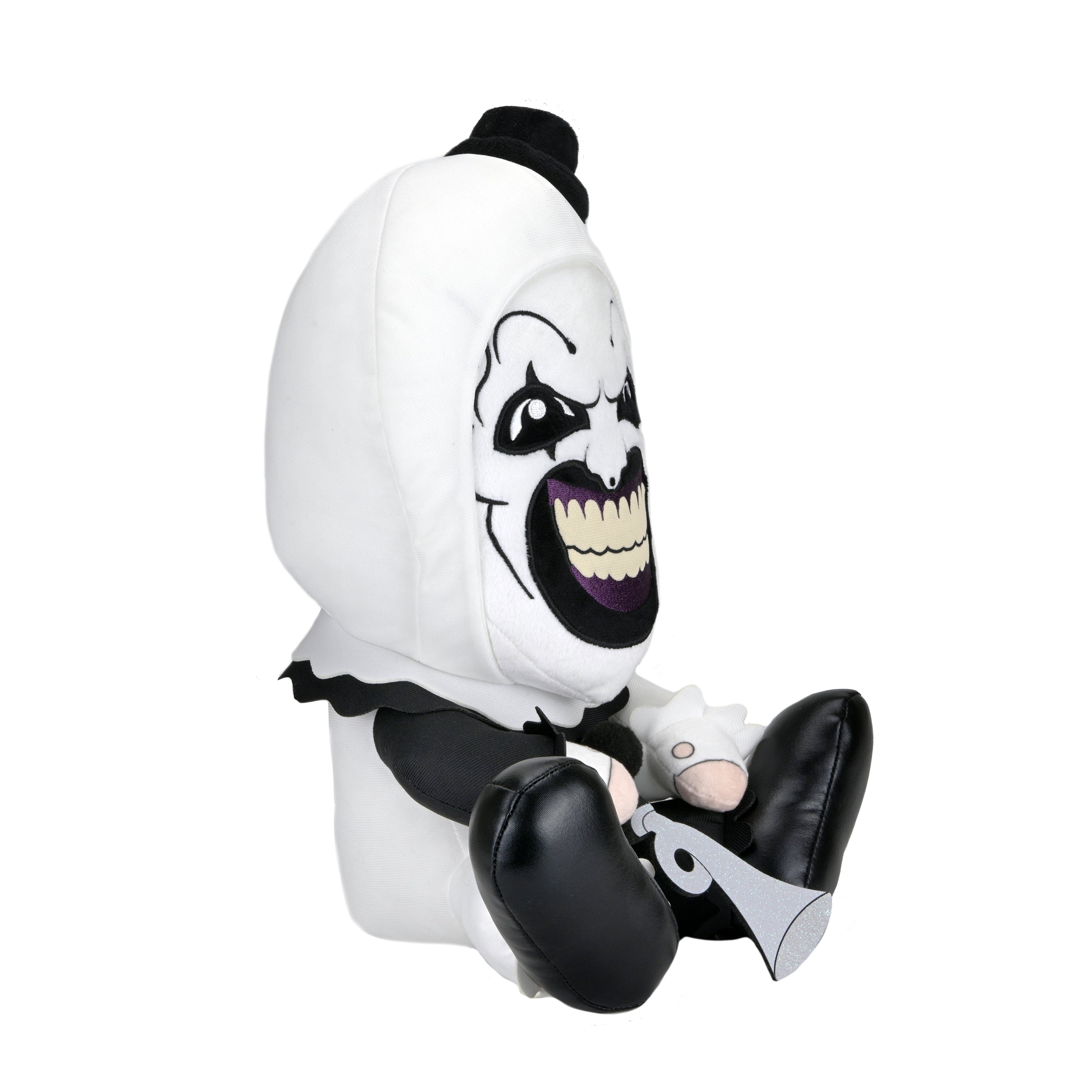Large Art the Clown plush from Terrifier 3 featuring a soft, detailed plush toy of the iconic horror character.