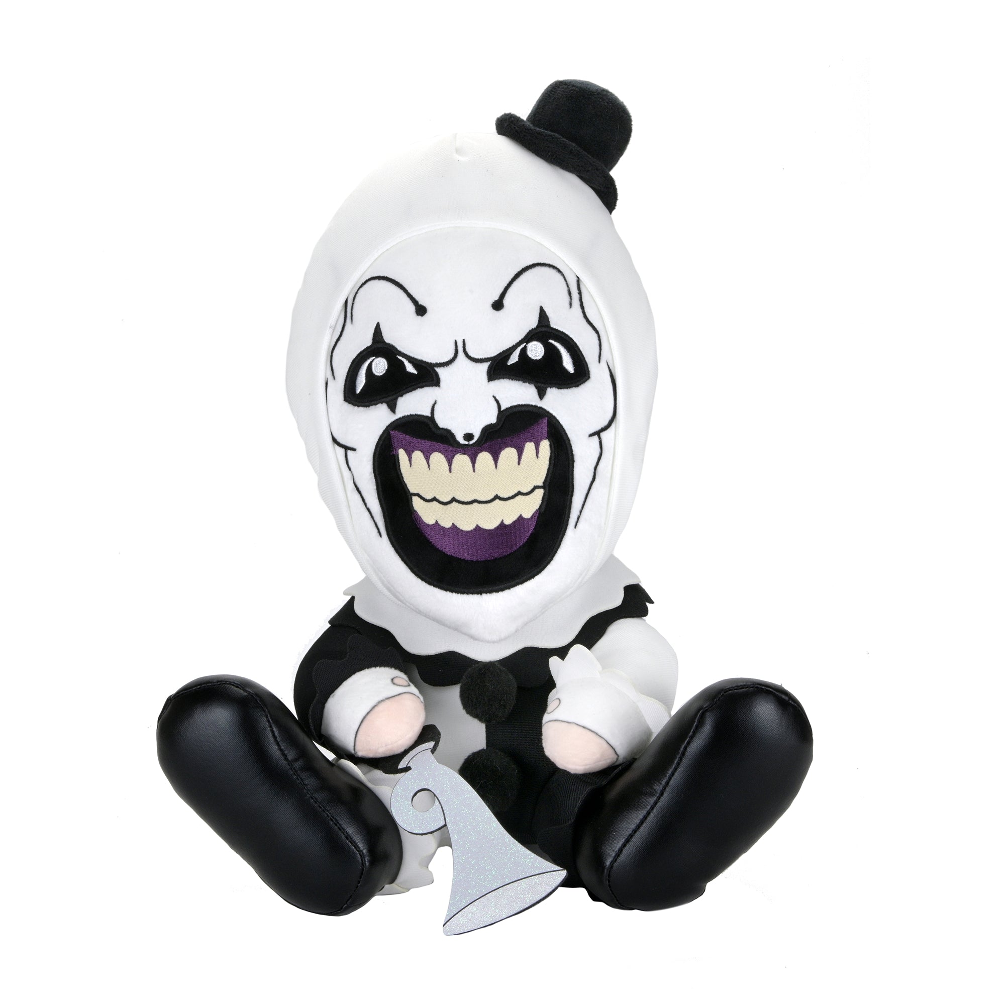 Large Art the Clown plush from Terrifier 3 featuring detailed costume and menacing expression, perfect for horror fans and collectors.