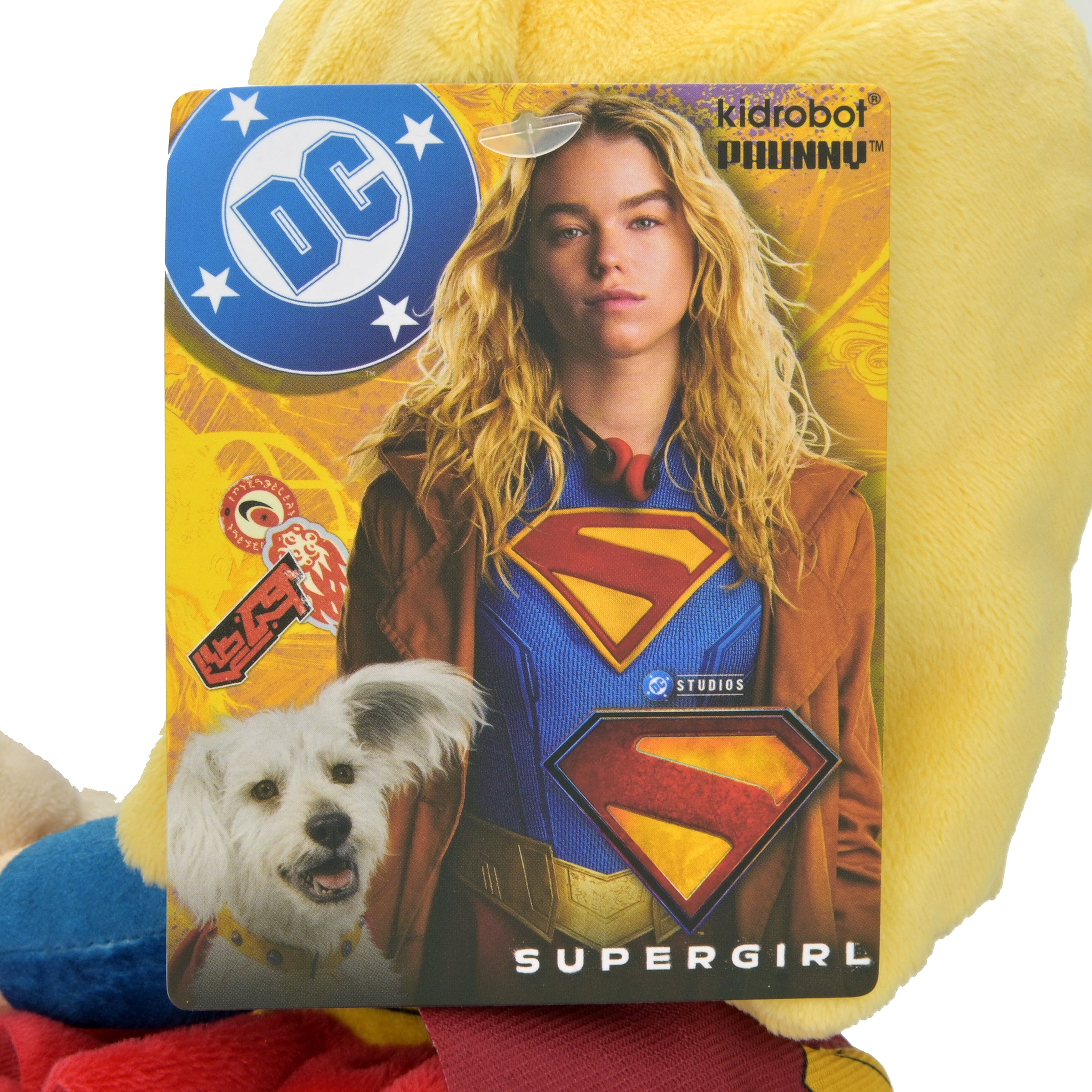 Supergirl plush toy featuring Supergirl and Krypto the dog, soft and cuddly, from the SUPERGIRL™ Phunny Plush collection.