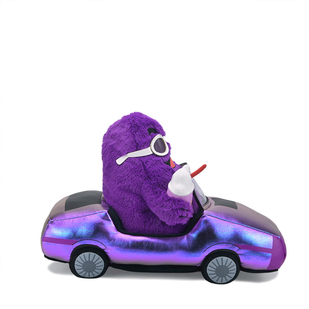 McDonald's Grimace in car interactive large plush toy with purple character seated in a colorful car