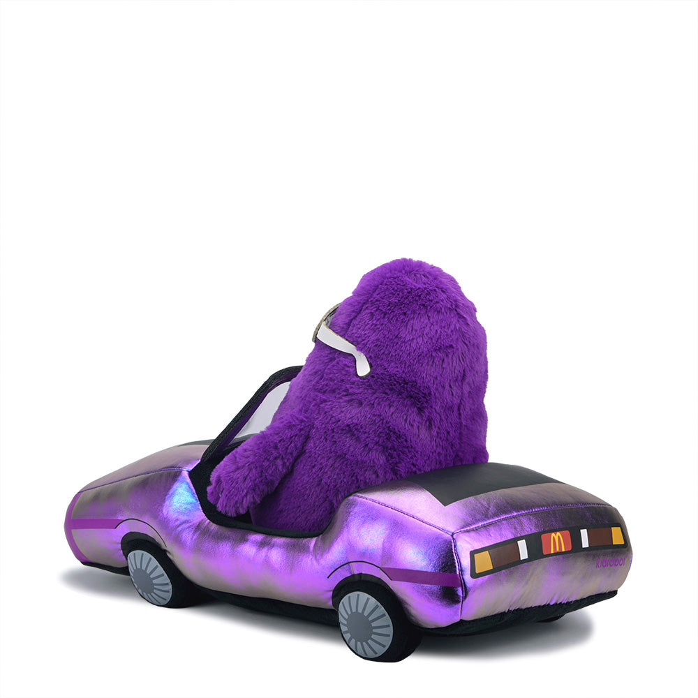 McDonald's Grimace in car interactive large plush toy, purple character seated in a red car