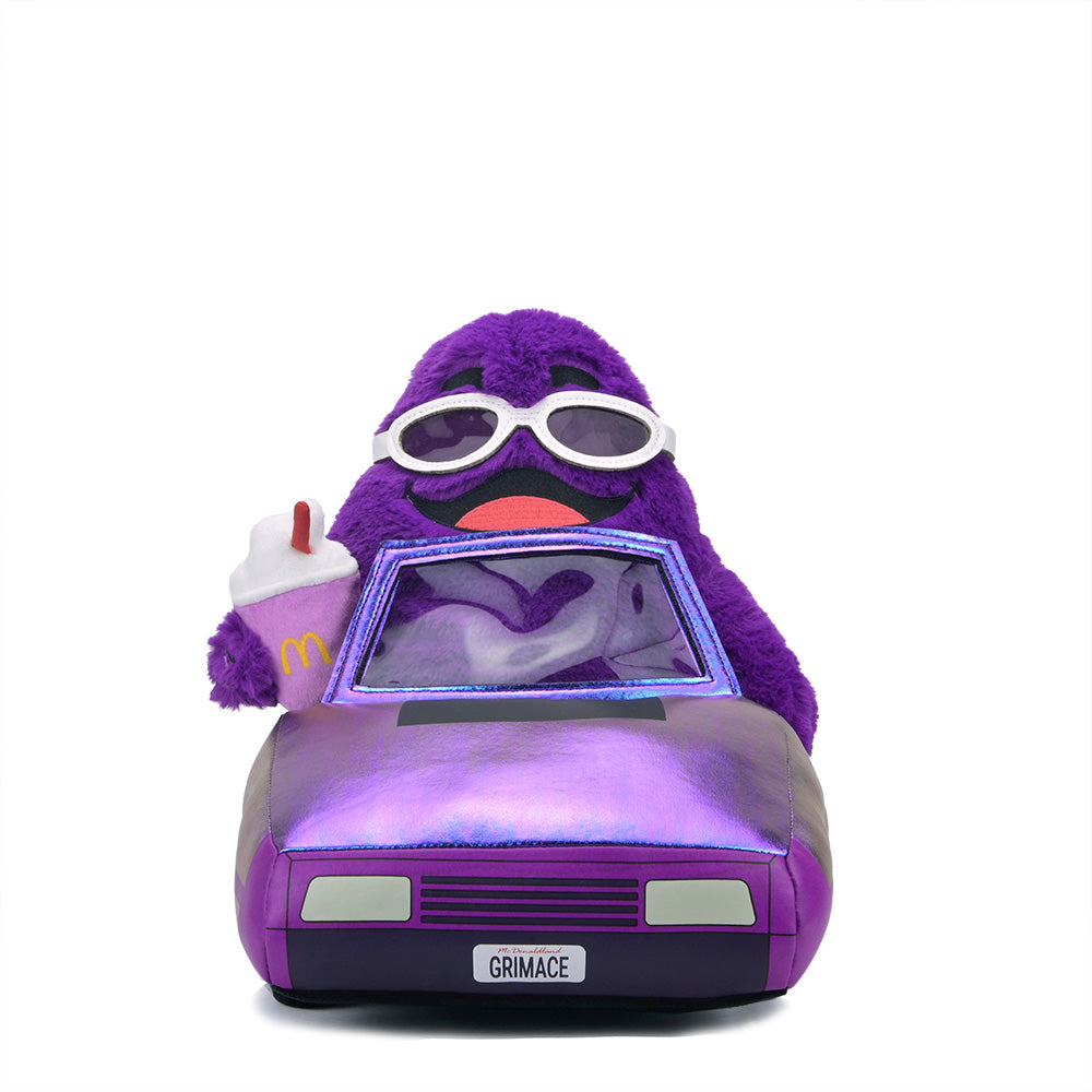 McDonald's Grimace in Car interactive large plush toy sitting in a colorful car seat
