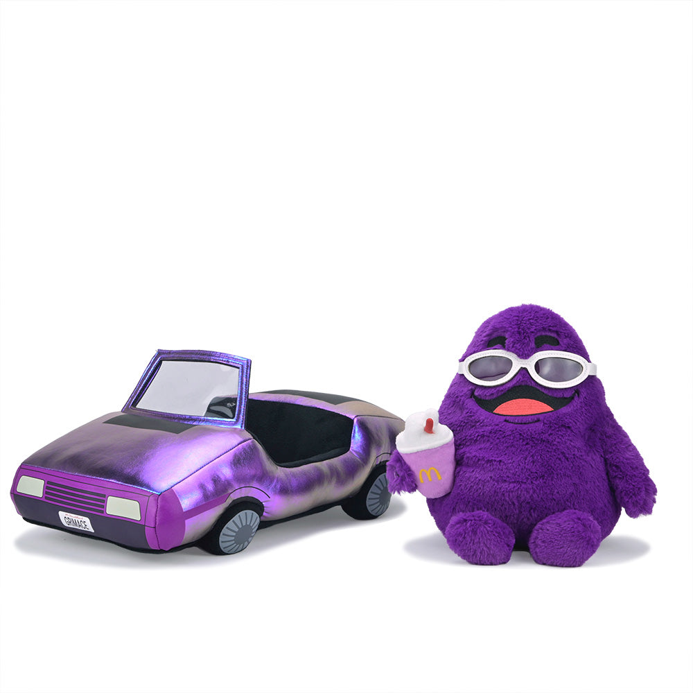 McDonald's Grimace in Car interactive large plush toy, purple character seated in a colorful car houding