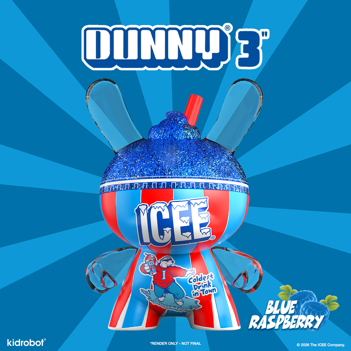 Kidrobot ICEE Blue Raspberry 3-inch resin Dunny art figure featuring ICEE branding and SDCC debut details.