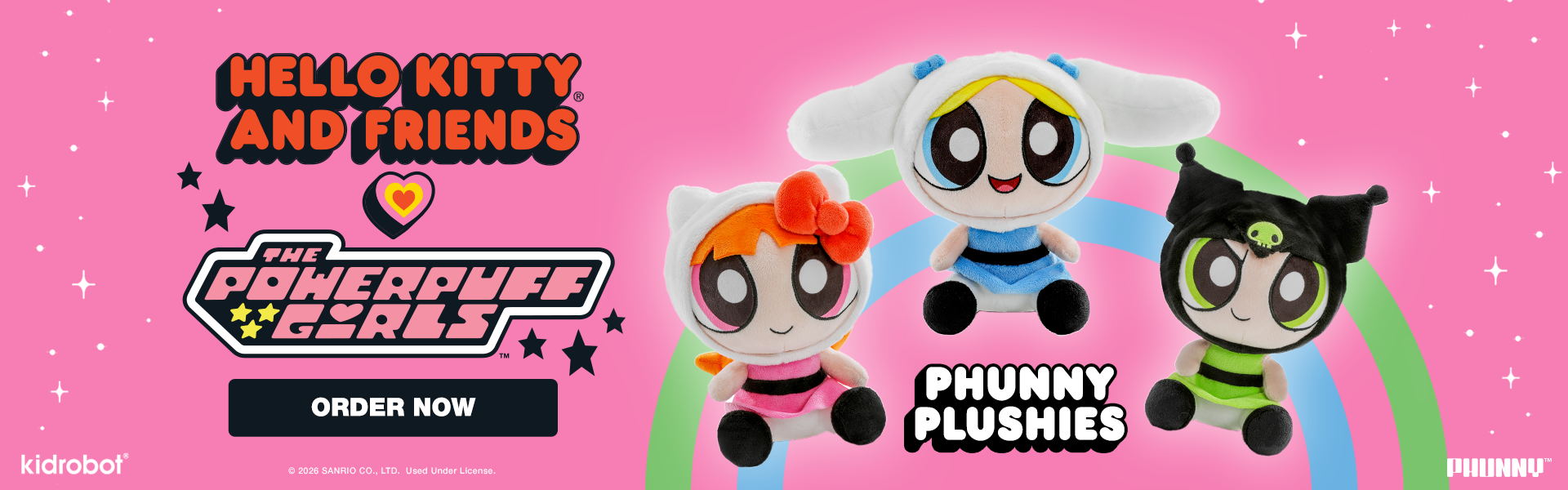 Hello Kitty® and Friends x The Powerpuff Girls - Blossom as Hello Kitty®, Bubbles as Cinnamoroll™, and Buttercup as Kuromi™ Phunny Plush Bundle 3-Pack - Kidrobot