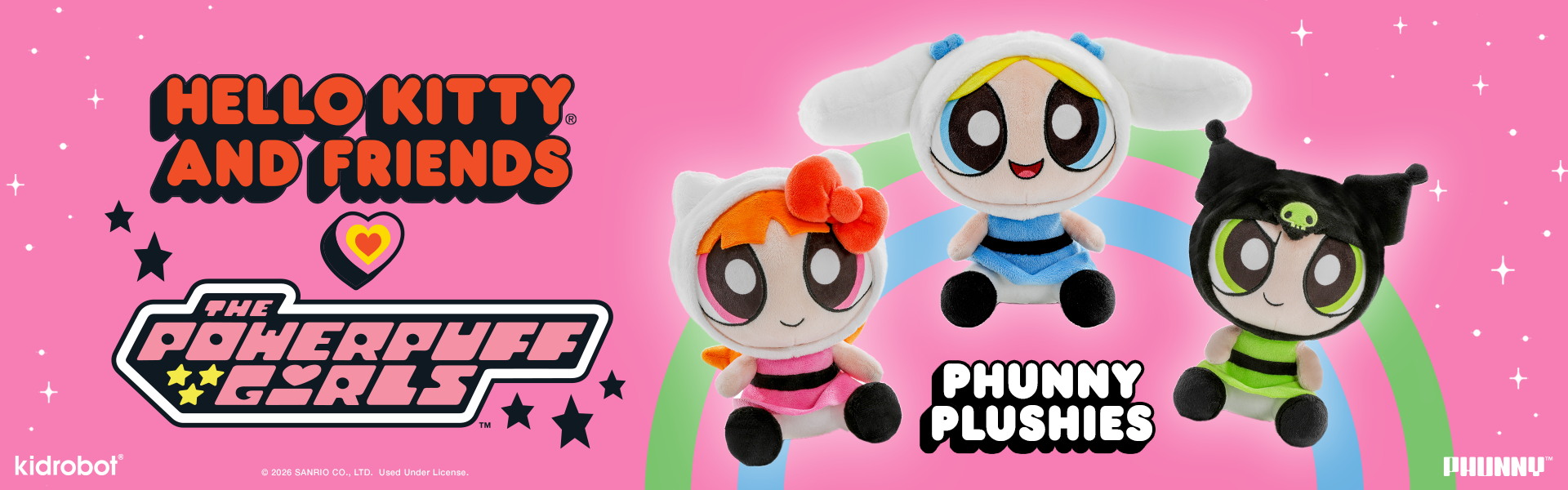 Hello Kitty® and Friends x The Powerpuff Girls - Blossom as Hello Kitty®, Bubbles as Cinnamoroll™, and Buttercup as Kuromi™ Phunny Plush Bundle 3-Pack - Kidrobot
