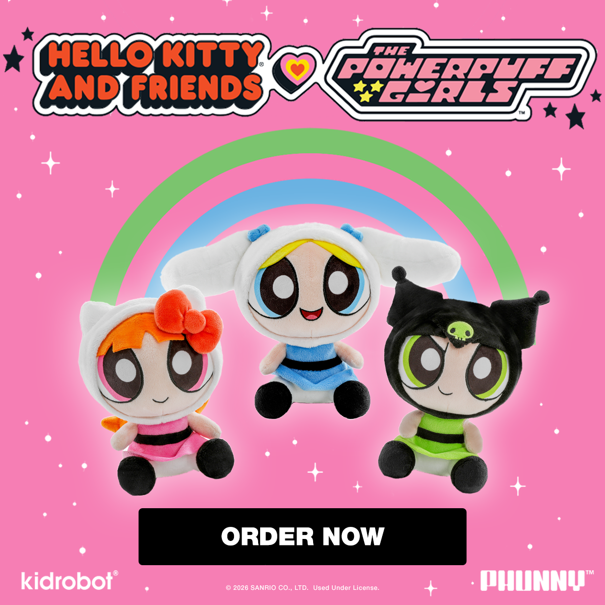 Hello Kitty® and Friends x The Powerpuff Girls - Blossom as Hello Kitty®, Bubbles as Cinnamoroll™, and Buttercup as Kuromi™ Phunny Plush Bundle 3-Pack - Kidrobot