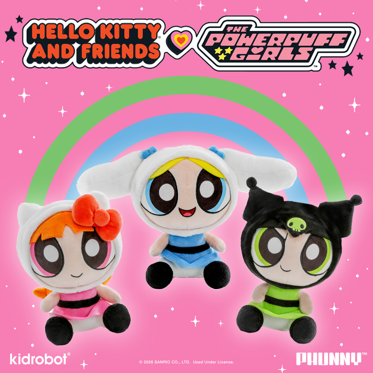 Hello Kitty® and Friends x The Powerpuff Girls - Blossom as Hello Kitty®, Bubbles as Cinnamoroll™, and Buttercup as Kuromi™ Phunny Plush Bundle 3-Pack - Kidrobot