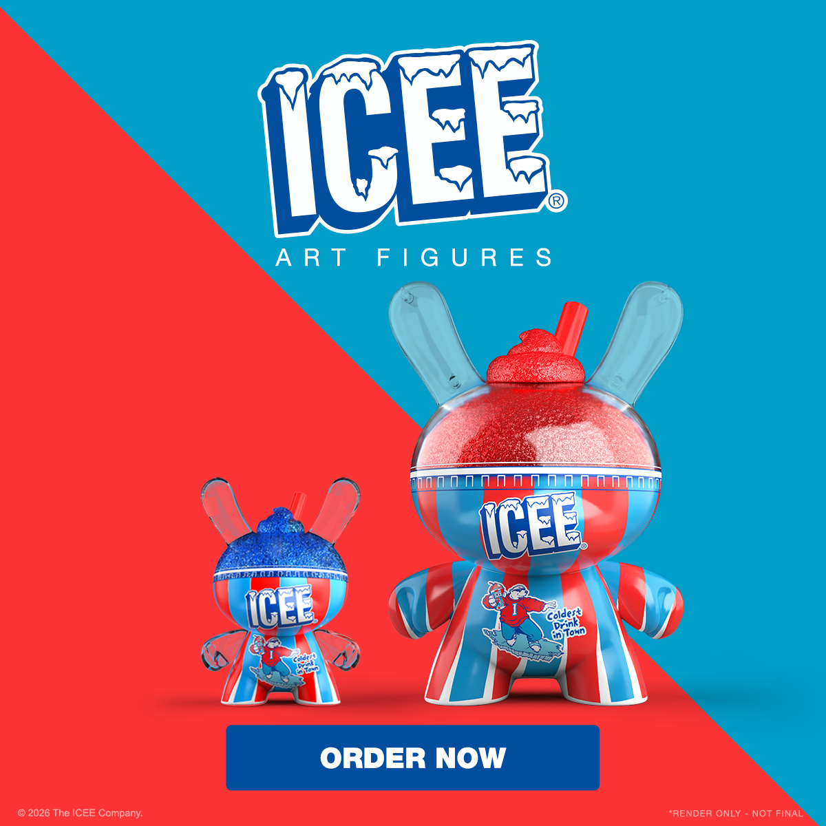 Kidrobot & ICEE® Dunny Art Figures - Cherry 8" Edition and Blue Raspberry 3" Edition on Kidrobot.com