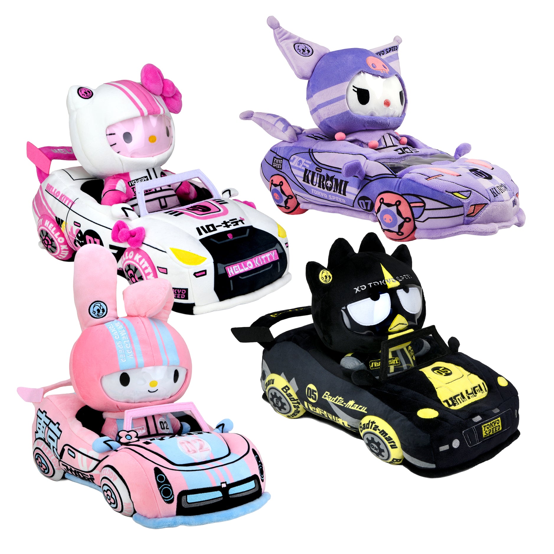 Four Hello Kitty and friends plush toy cars with cartoon character designs on a white background