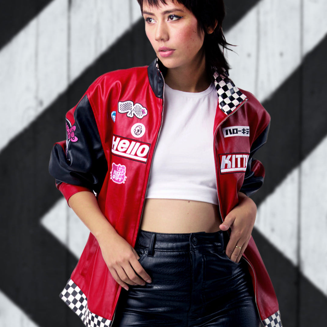 Female Fashion Model wearing the Kidrobot x Hello Kitty® Tokyo Speed Red Moto Jacket - Limited Edition