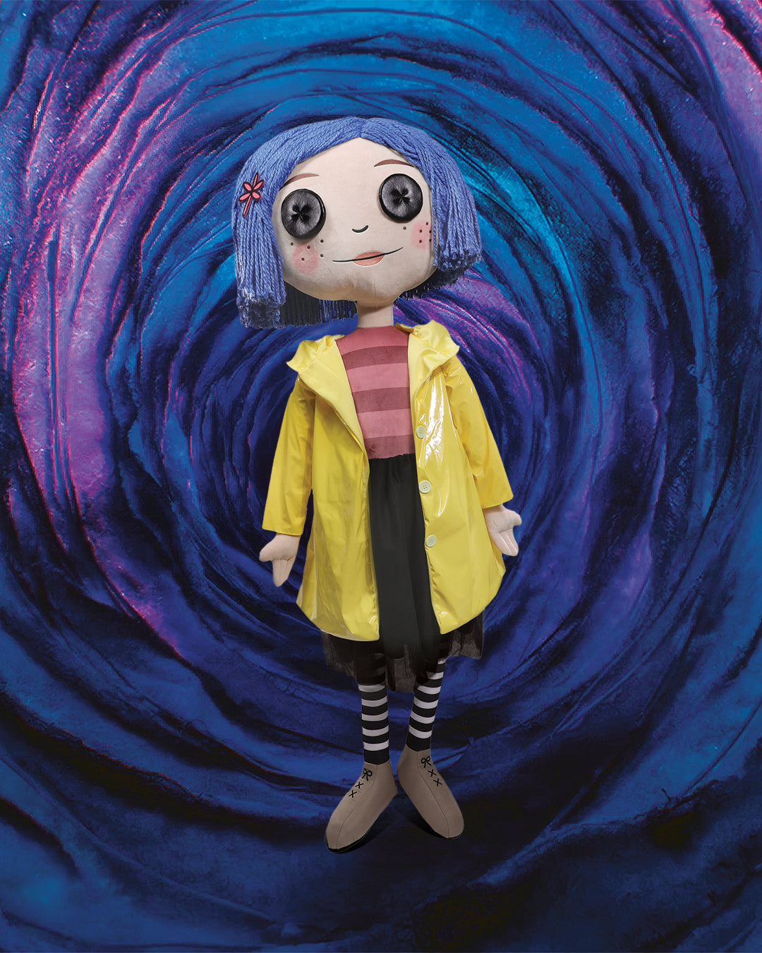 Life-size Coraline plush doll with button eyes, 5-foot tall, soft fabric, detailed costume, and realistic facial features.