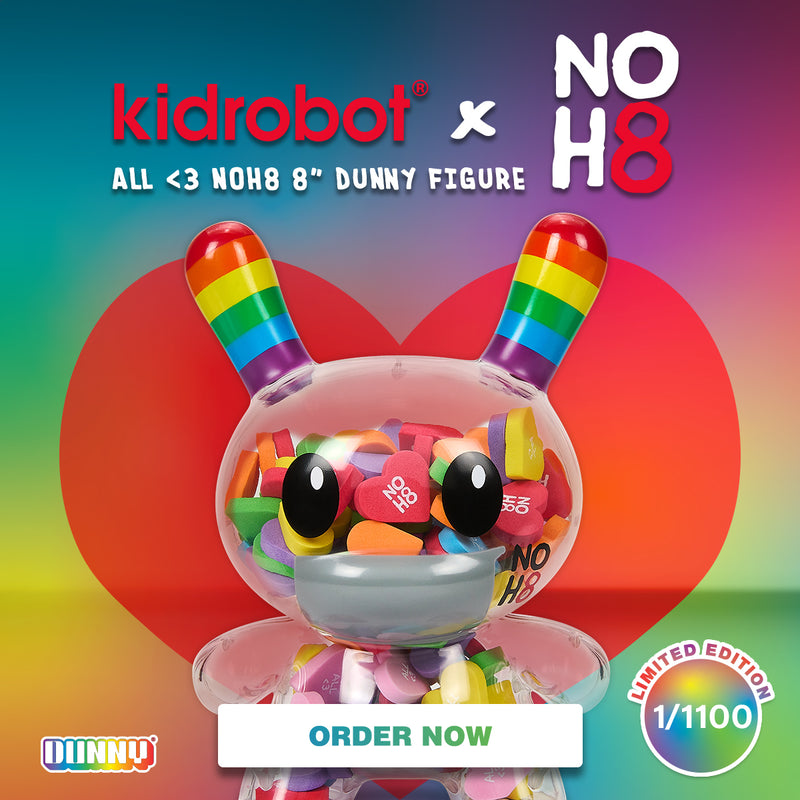 Kidrobot x NOH8 "All <3 NOH8" 8” Rainbow Clear Shell Dunny Filled with Hearts