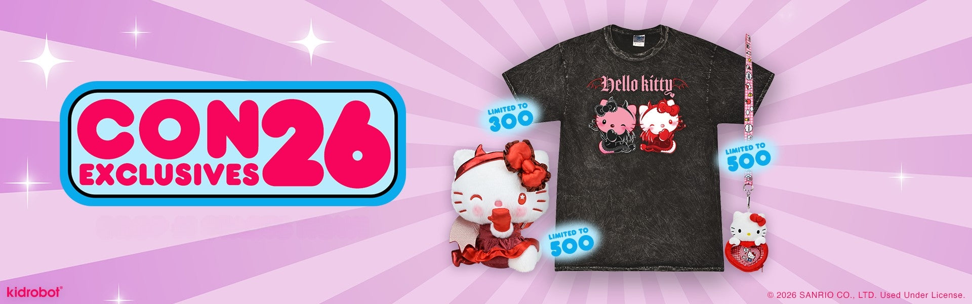2026 CON EXCLUSIVES: Hello Kitty® Devilishly Cute Large Plush (Limited Edition of 500), Hello Kitty® Ita Plush and Lanyard Set (Limited Edition of 500), and Hello Kitty® & Mimmy Devilishly Cute T-Shirt on Kidrobot.com