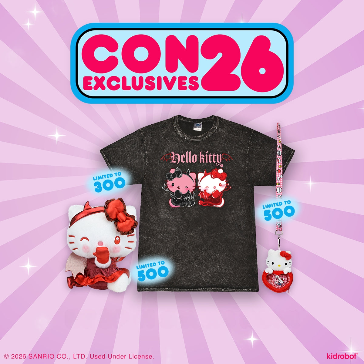 2026 CON EXCLUSIVES: Hello Kitty® Devilishly Cute Large Plush (Limited Edition of 500), Hello Kitty® Ita Plush and Lanyard Set (Limited Edition of 500), and Hello Kitty® & Mimmy Devilishly Cute T-Shirt on Kidrobot.com
