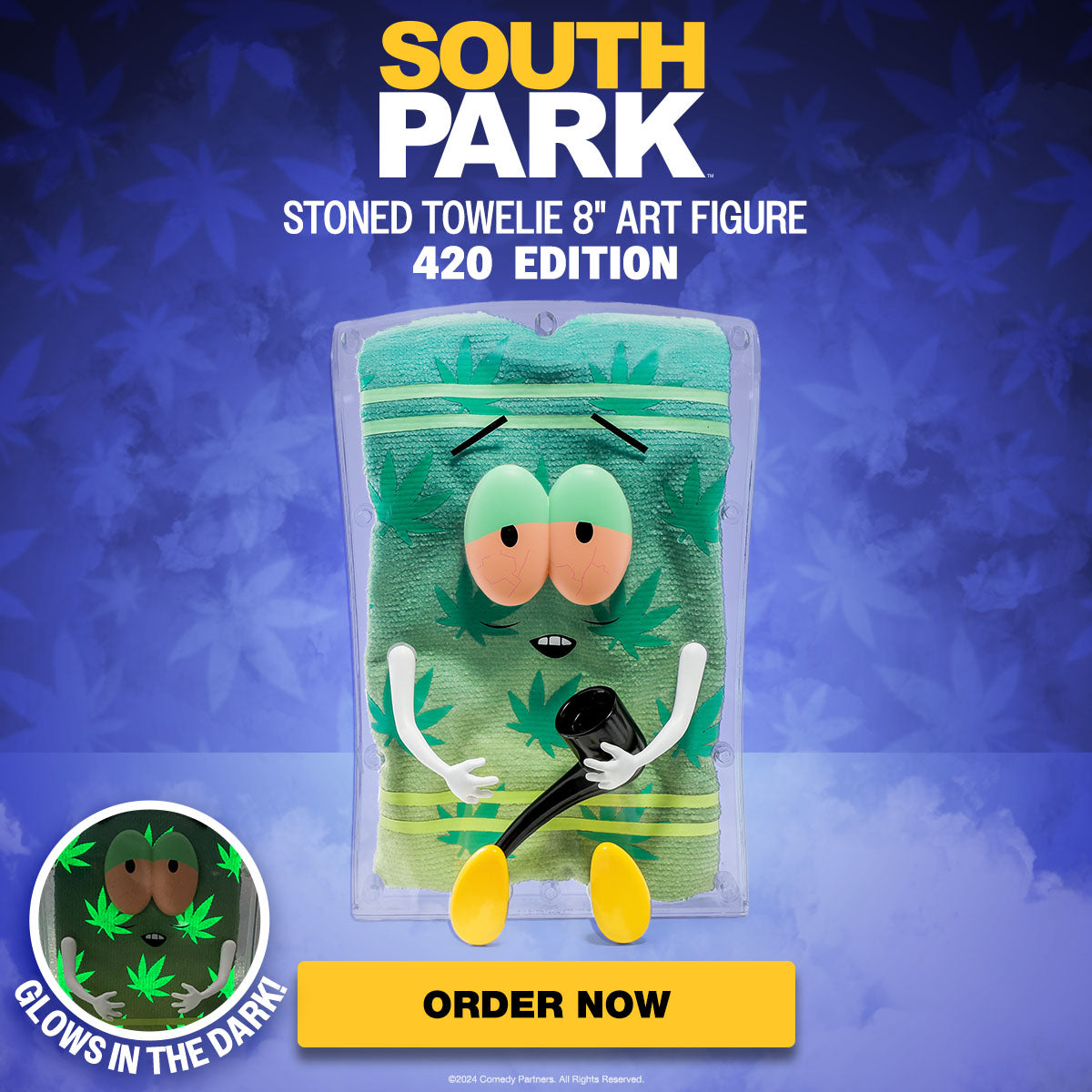 South Park Stoned Towelie with Pipe Glow-in-the-Dark Pot Leaf 8” Art Figure - 420 Edition (Kidrobot.com Exclusive) (PRE-ORDER) - Kidrobot