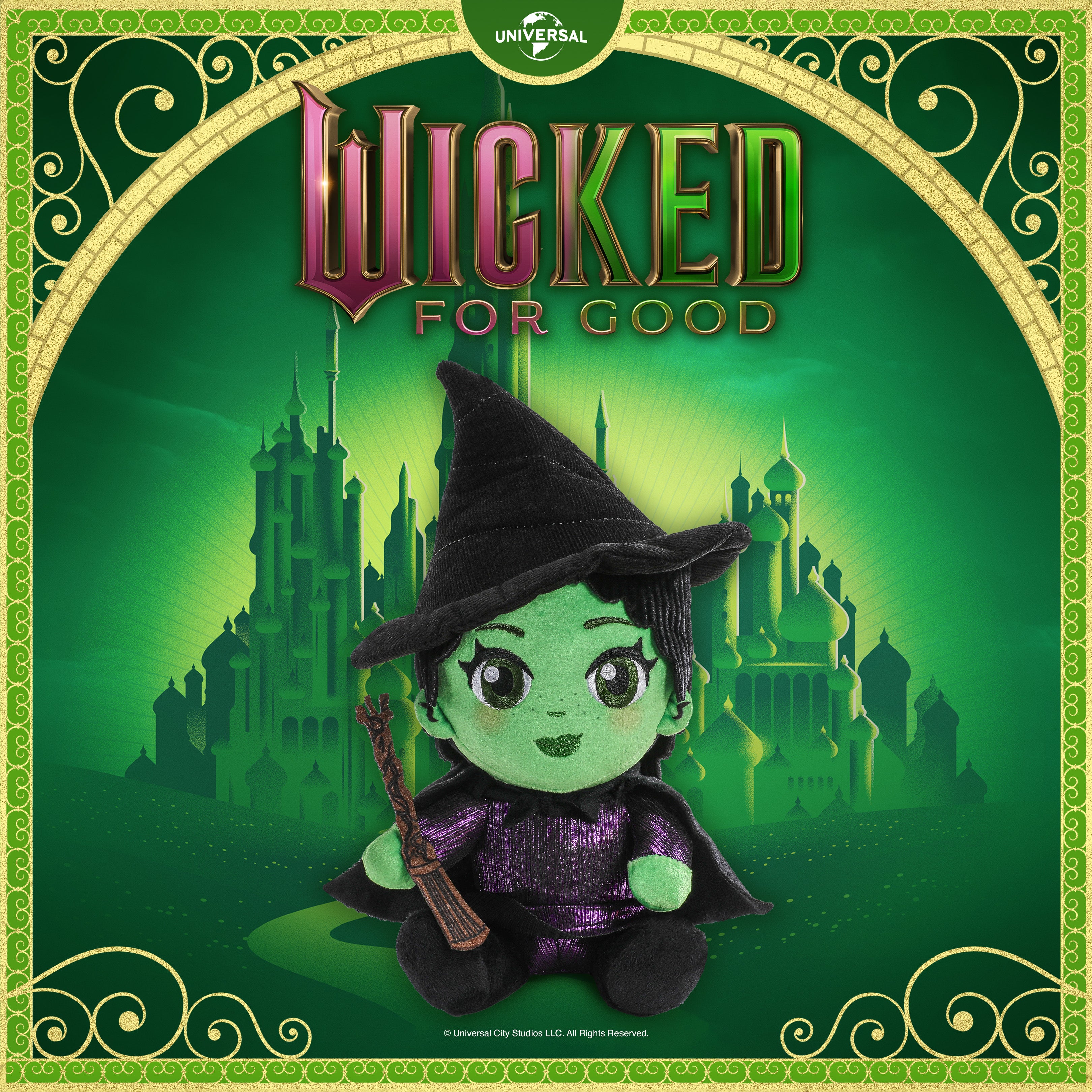 Elphaba plush toy of a witch character from 'Wicked' with green background and decorative border. Order Now at Kidrobot.com