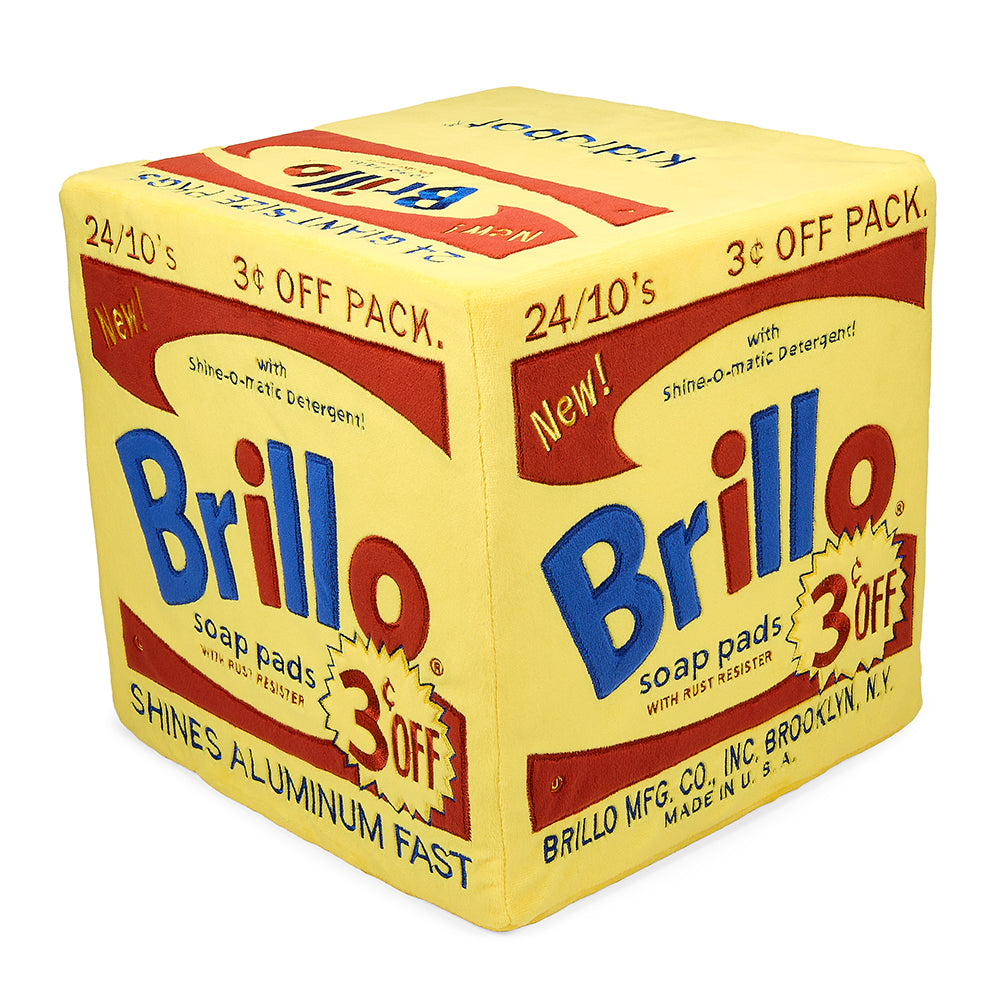 Andy Warhol 12-inch yellow Brillo Box giant art plush toy, soft and detailed collectible inspired by Andy Warhol artwork