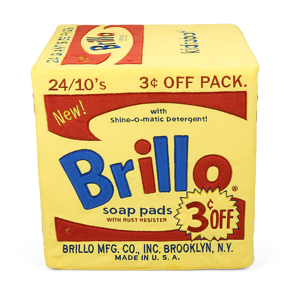 Andy Warhol Yellow Brillo Box 12-inch plush toy; bright yellow art-inspired plush with bold design, soft and large-sized.