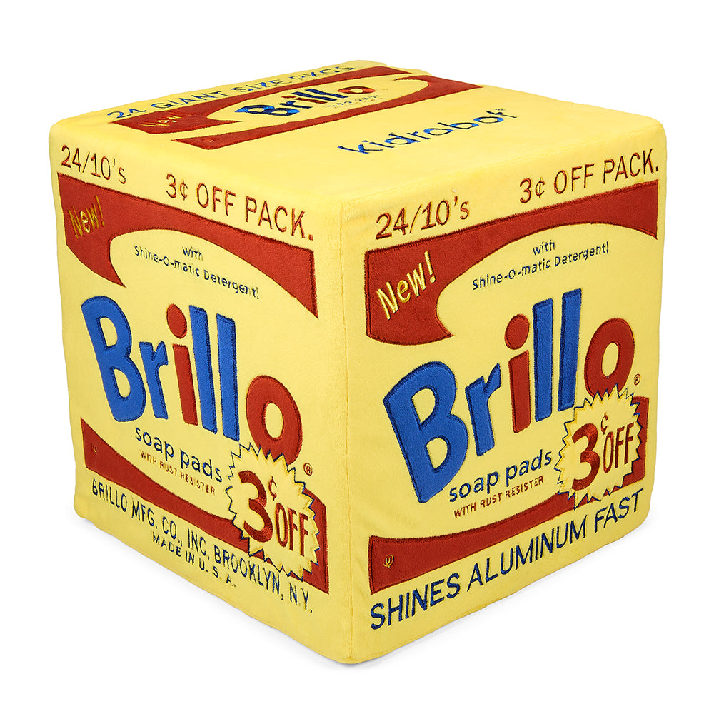 Andy Warhol yellow Brillo Box giant art plush, soft and colorful collectible toy inspired by pop art design.