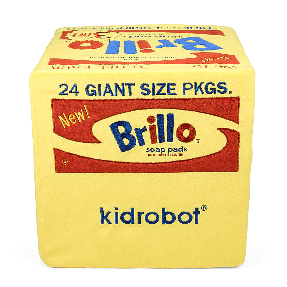 Andy Warhol 12-inch yellow Brillo Box plush toy, soft and large art-themed plush inspired by Andy Warhol's pop art design.
