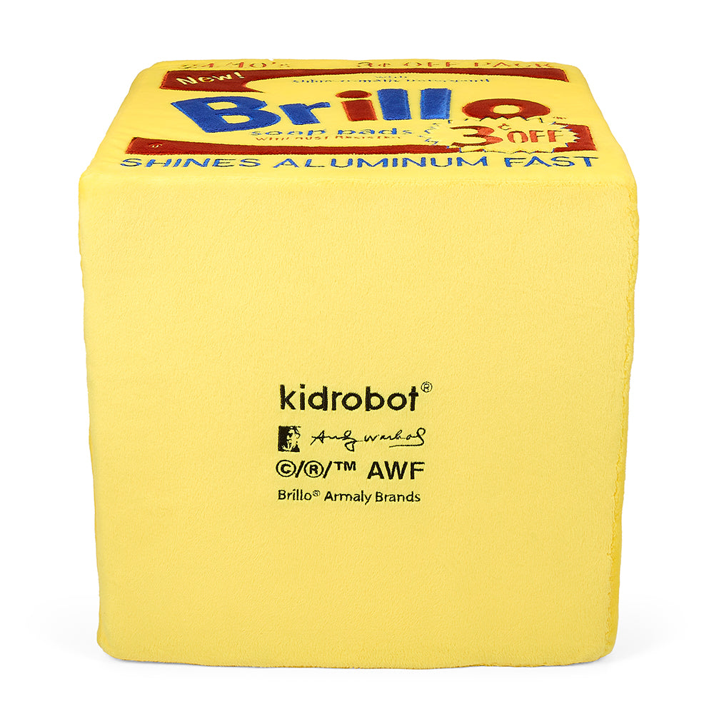 Andy Warhol 12-inch yellow Brillo Box giant art plush, soft and collectible toy inspired by pop art design.
