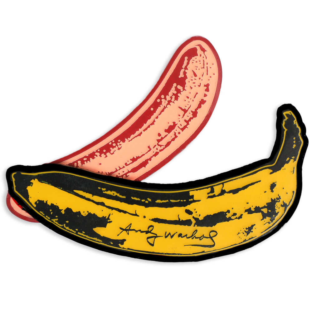 Andy Warhol Deluxe Enamel Pin by Kidrobot featuring a banana design and swivel peel detail, collectible enamel pin for fans.