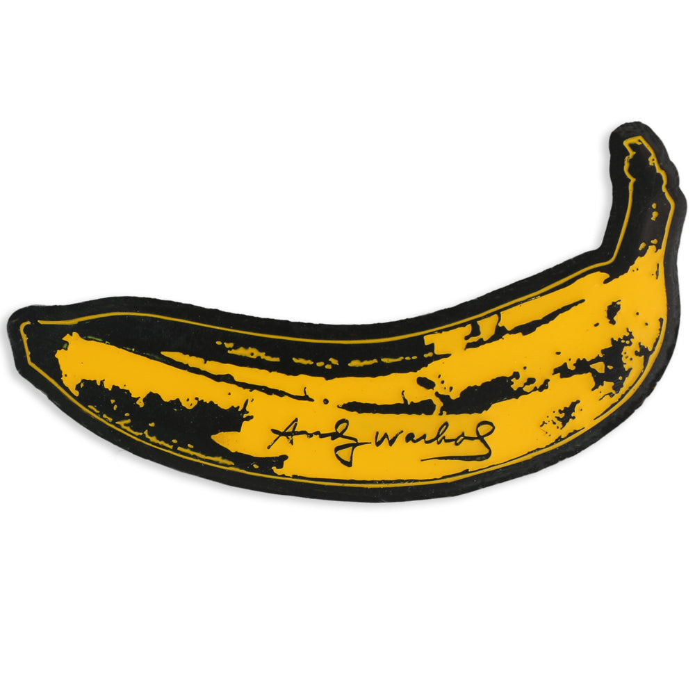 Andy Warhol Deluxe Enamel Pin by Kidrobot featuring a banana design with a swivel peel, collectible enamel pin.