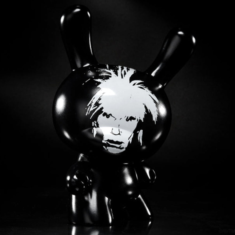 Andy Warhol Fright Wig Self-Portrait 8" Dunny, monochrome edition, collectible art toy with detailed design and distinctive features.
