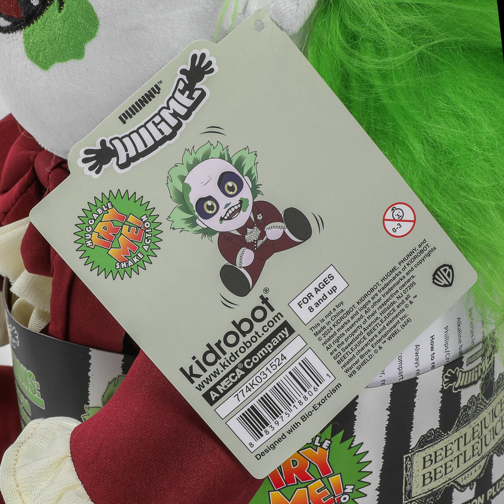 Kidrobot Beetlejuice plush toy featuring Beetlejuice in a red suit with shake action and HugMe design.