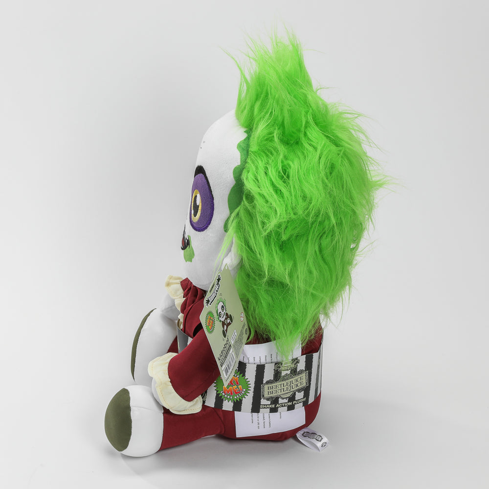Kidrobot Beetlejuice plush toy in red suit with hug and shake action, featuring detailed character design from the Beetlejuice series.