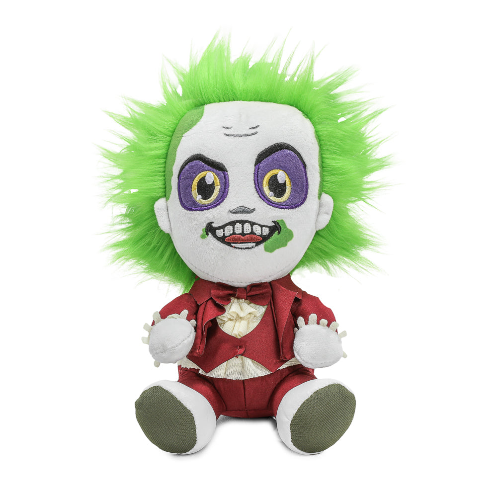 Kidrobot Beetlejuice plush toy wearing a red suit, soft and collectible Phunny plush of the iconic character Beetlejuice.