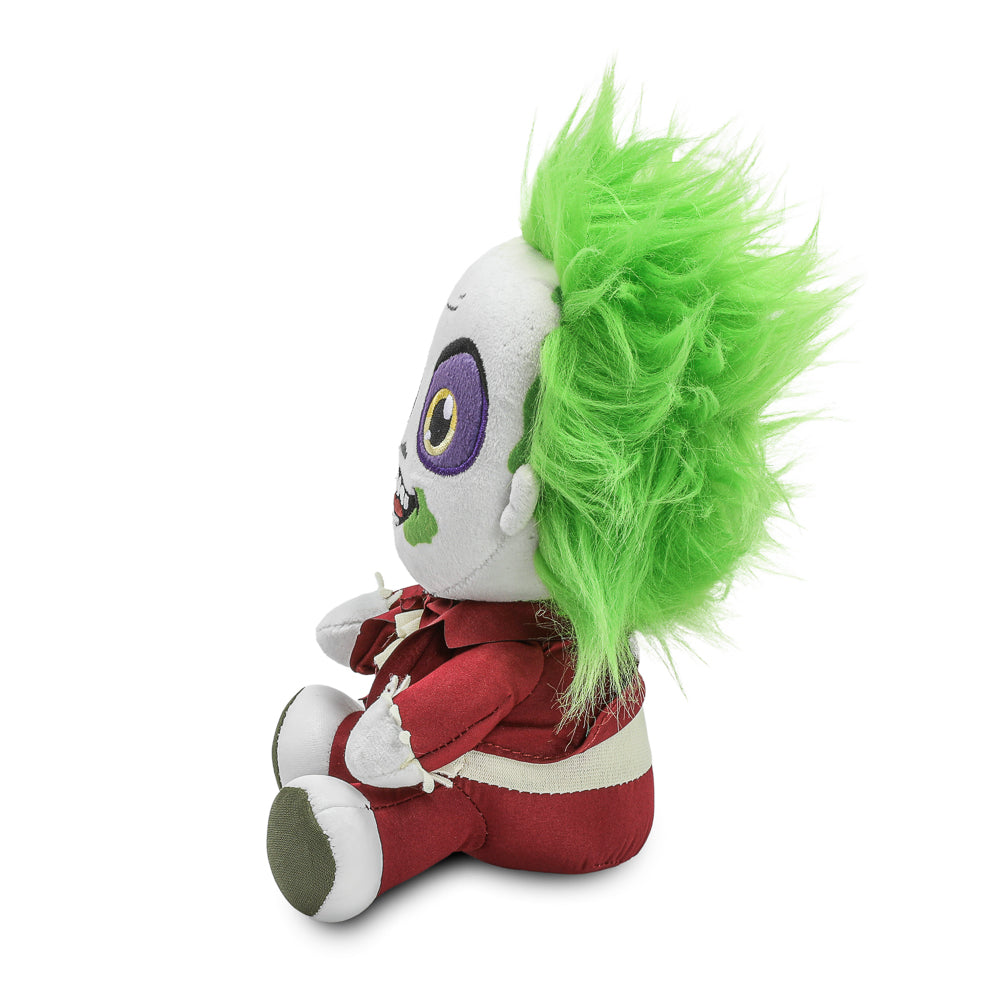 Kidrobot Beetlejuice plush toy featuring Beetlejuice in a red suit, soft and collectible Phunny plush from the Beetlejuice series.